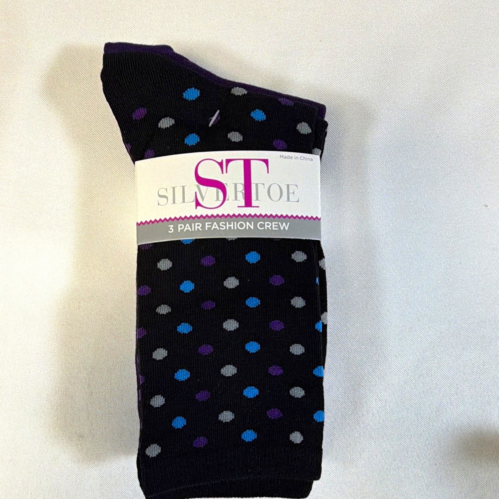 SilverToe Women's Crew Socks 3 Pairs Polka Dot Reinforced Toe Black/Purple sz6-9